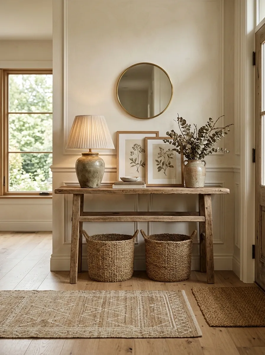 Farmhouse Console With Vintage Lamp and Woven Storage
