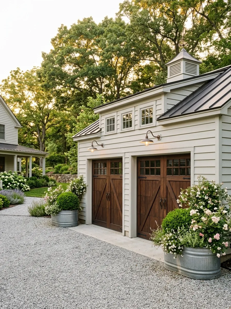 Farmhouse Garage With Galvanized Tub Planters and Soft Greenery