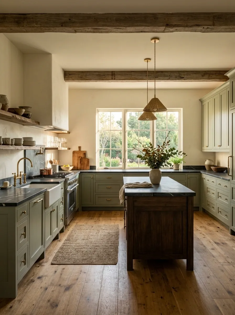Farmhouse Green Kitchen With Exposed Beams and Soapstone