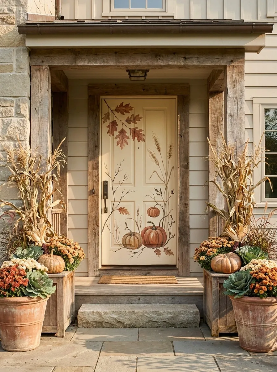 Farmhouse Harvest Door With Pumpkins and Autumn Foliage