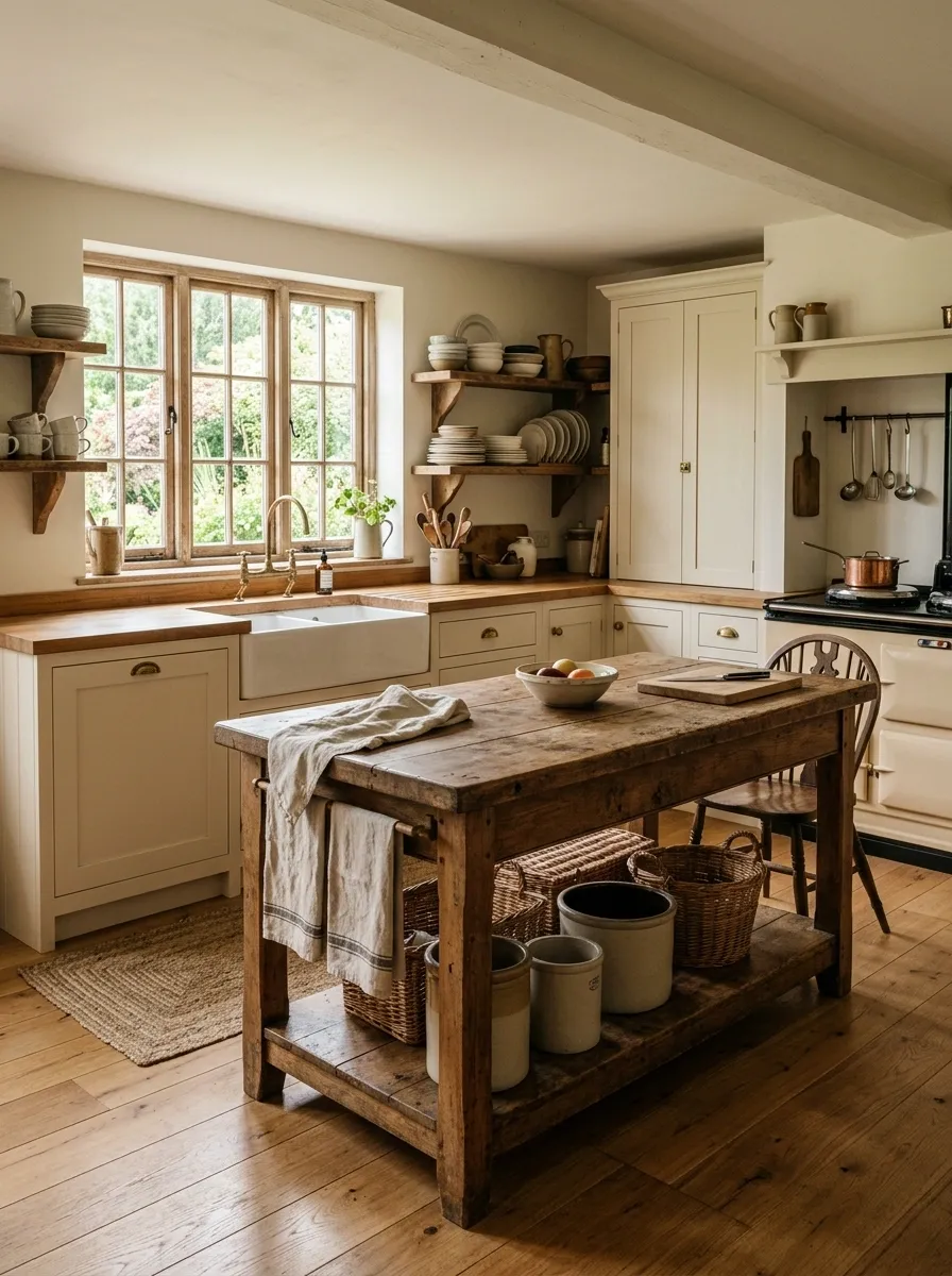 Farmhouse Kitchen With Cream Cabinets and Reclaimed Wood