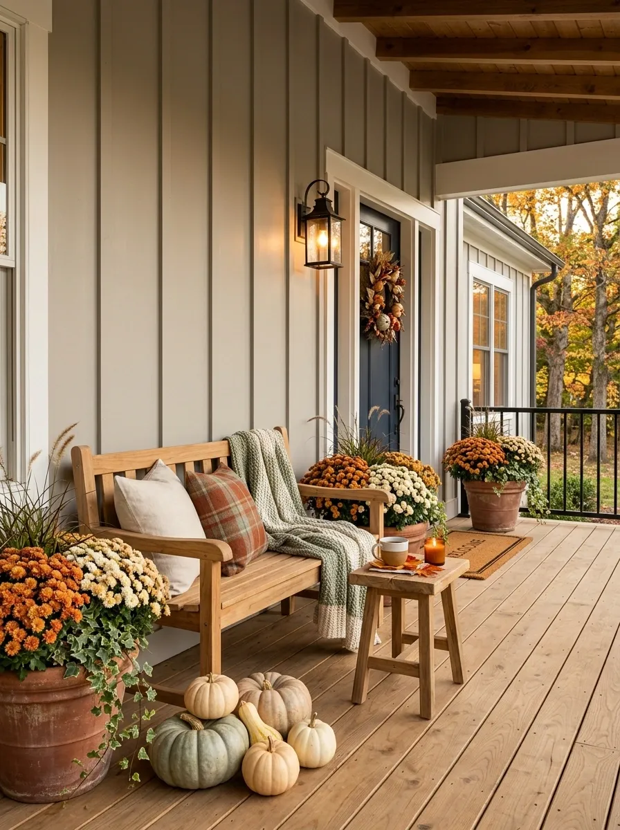 Farmhouse Porch With Mums Framing a Seating Nook