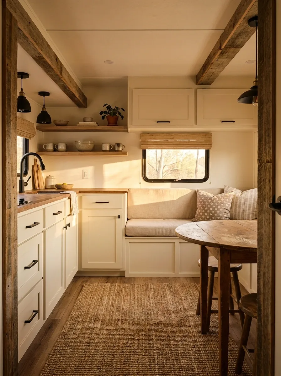 Farmhouse RV With Warm Cream and Aged Wood