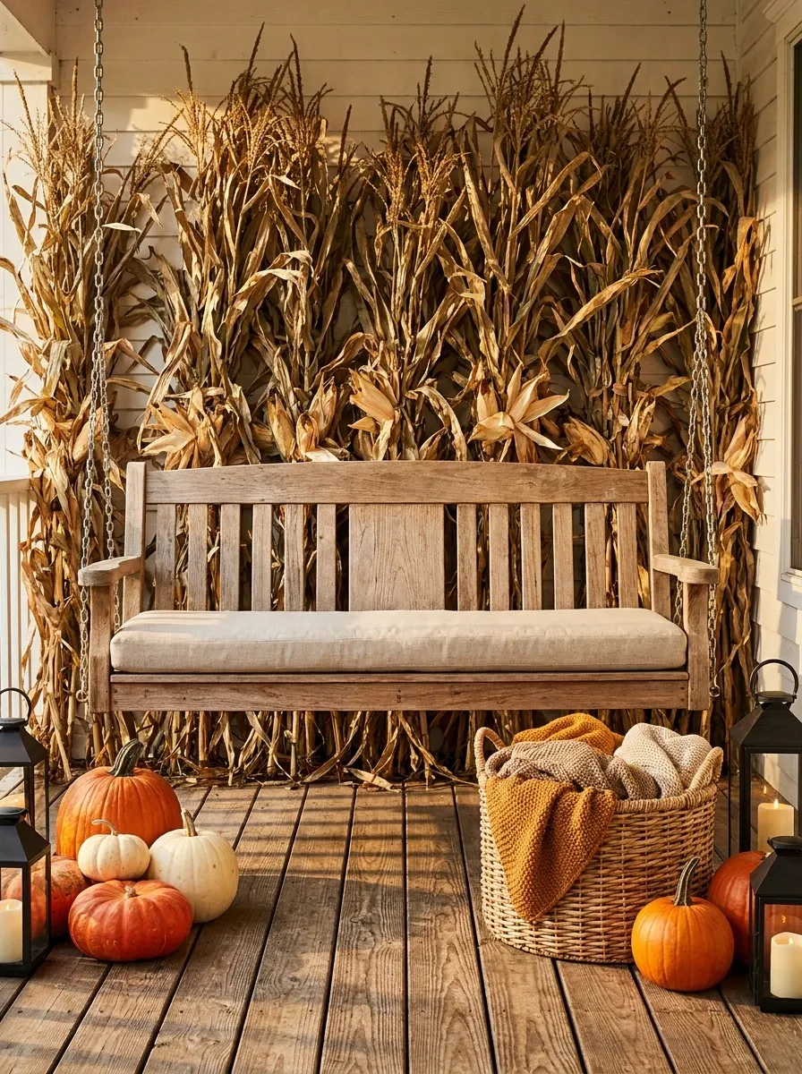 Farmhouse Swing Porch With Corn Stalks Behind the Seating