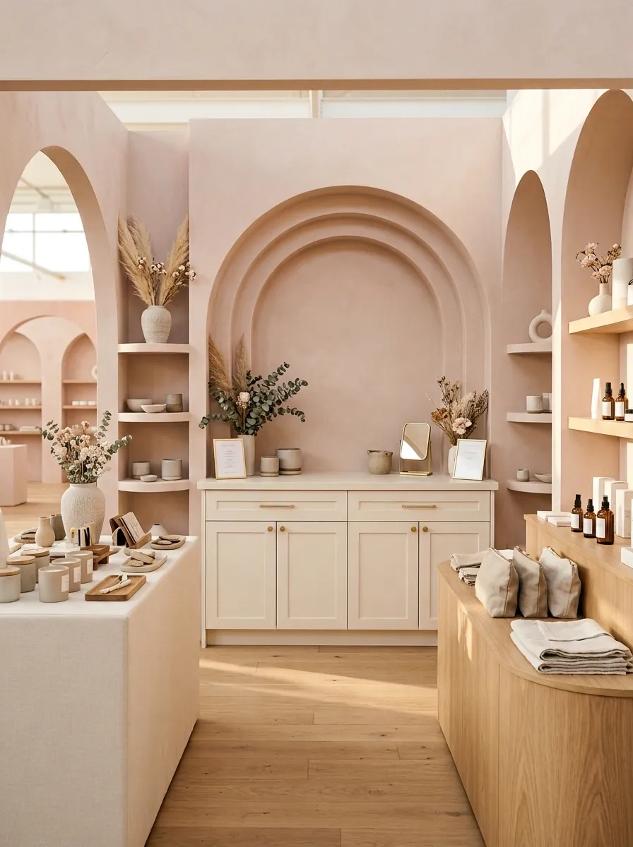 Feminine Blush Booth With Arched Shelving and Cream Furniture