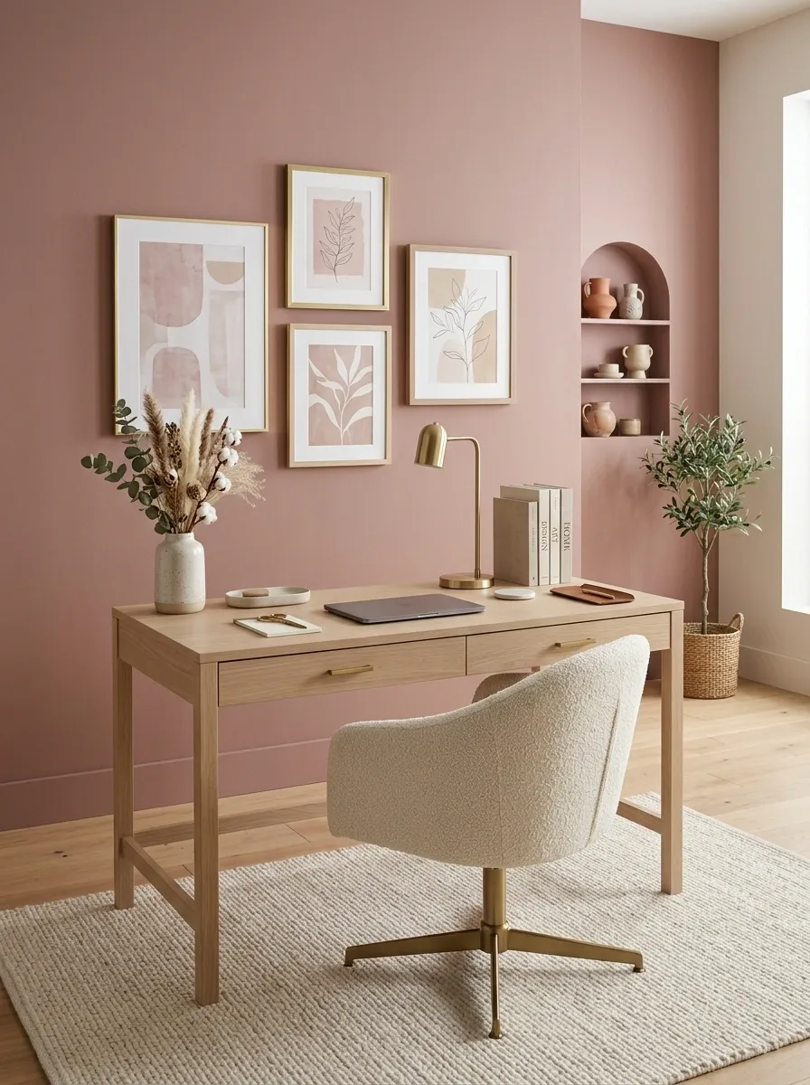Feminine Home Office With Dusty Rose Walls