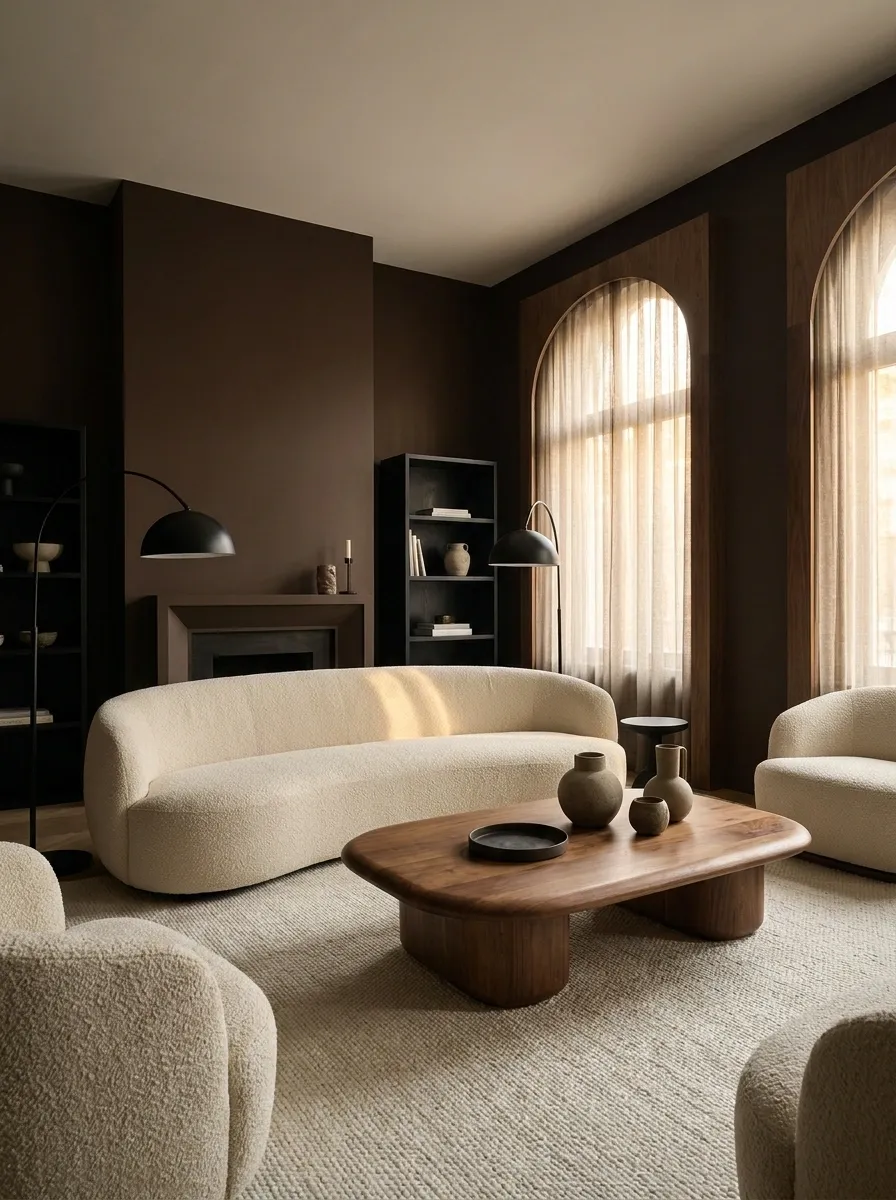 Feminine Modern Apartment With Cocoa Walls and Bouclé Furniture