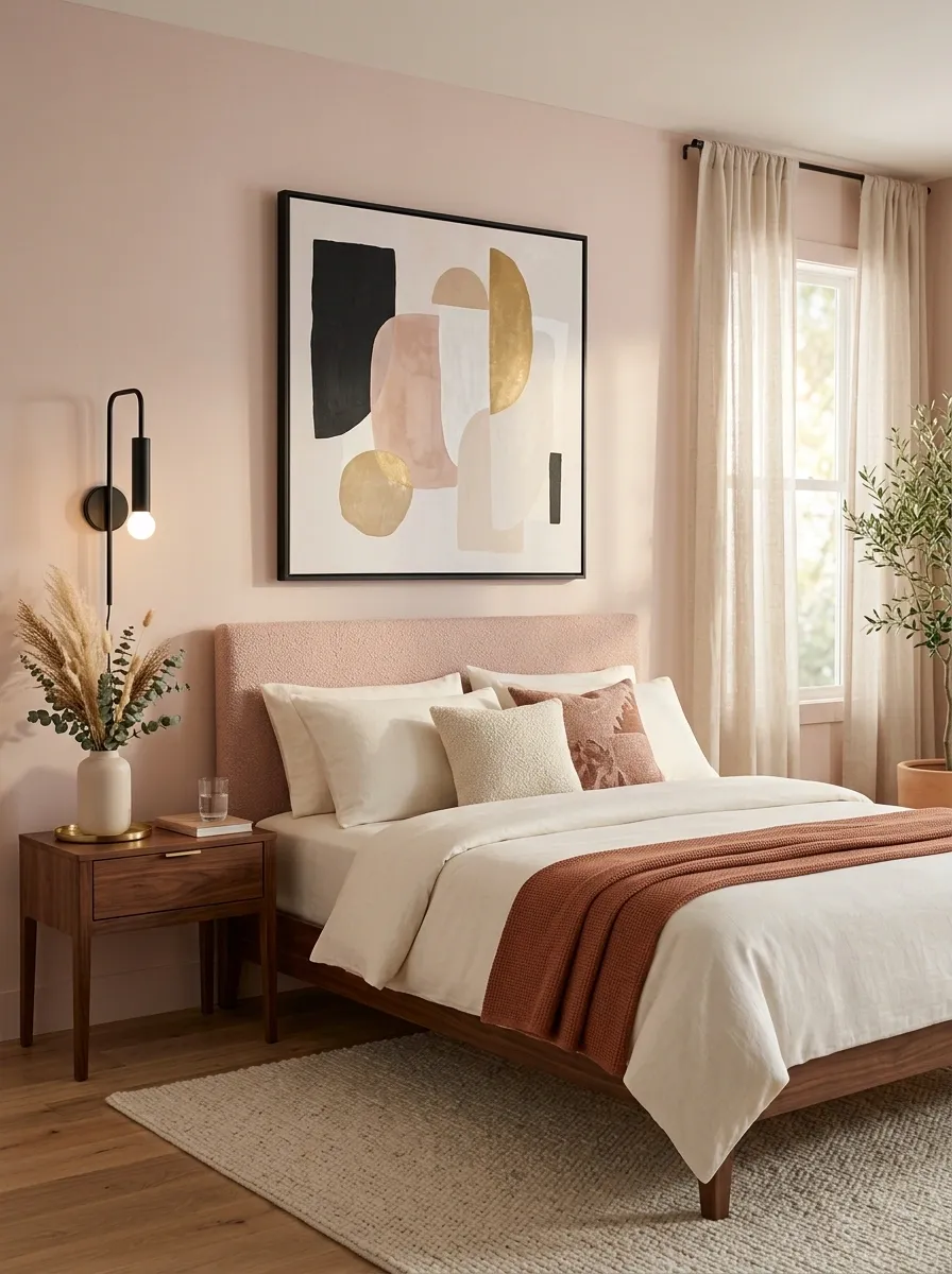 Feminine Modern Bedroom With Blush, Walnut, and Black Accents