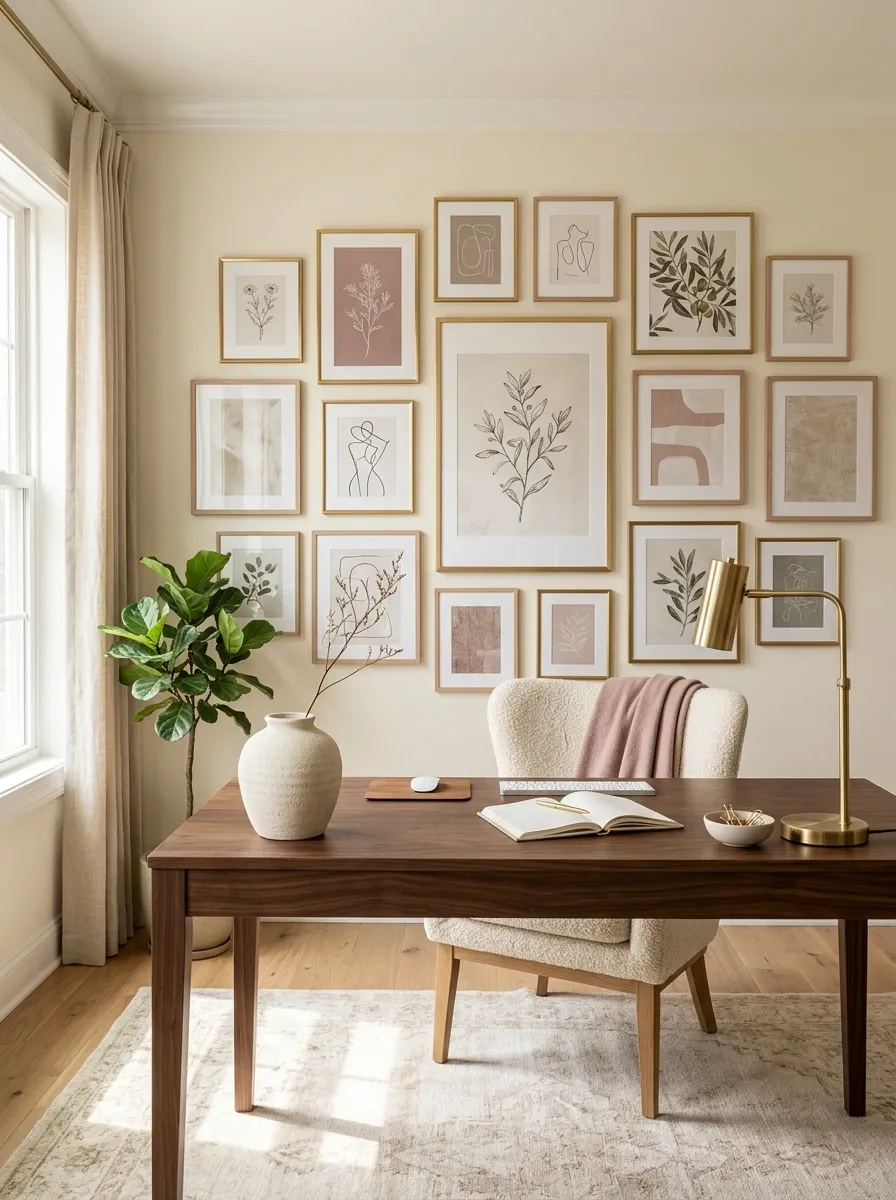Feminine Office With a Large Gallery Wall