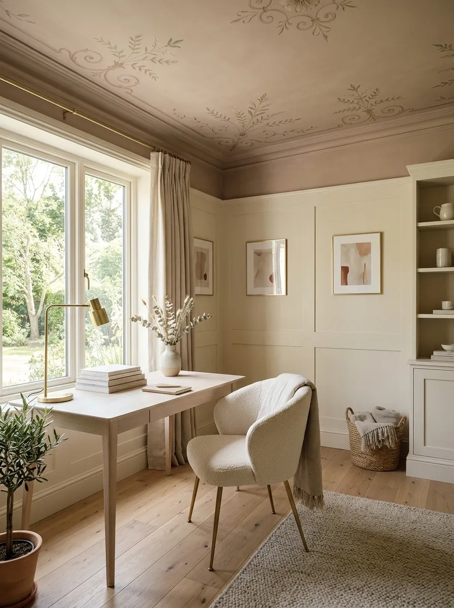 Feminine Office With a Painted Ceiling