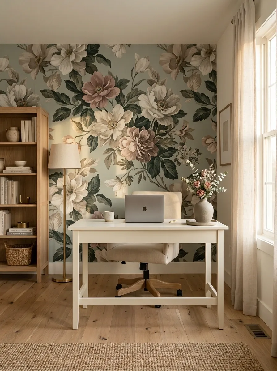 Feminine Office With a Statement Floral Wallpaper