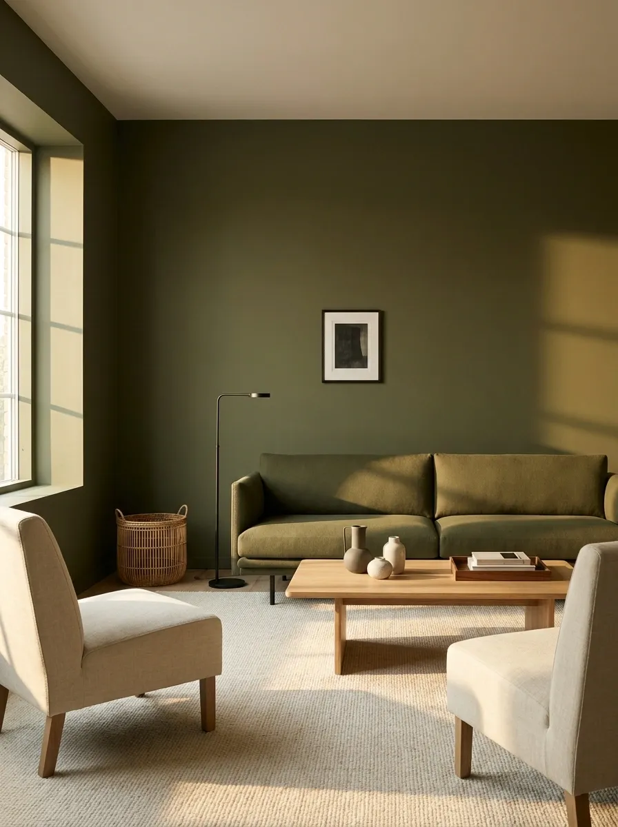 Finish an Olive Green Room With Black Lighting and Small Natural Accents
