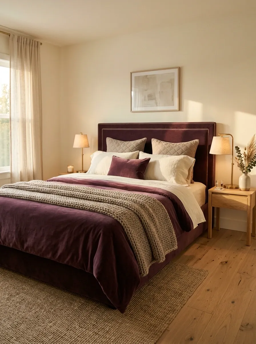 Finish With Layered Plum Bedding and Texture