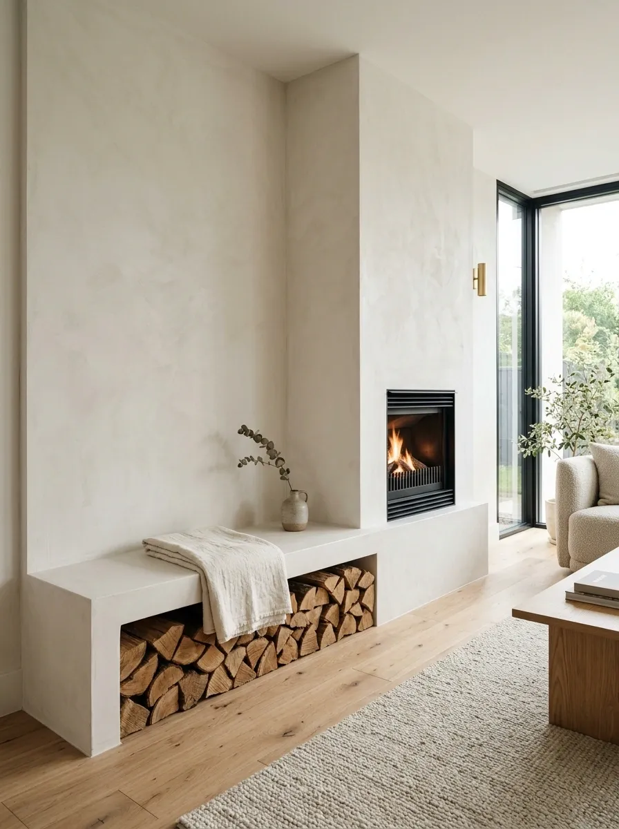Fireplace Corner With Built-In Bench and Firewood Storage