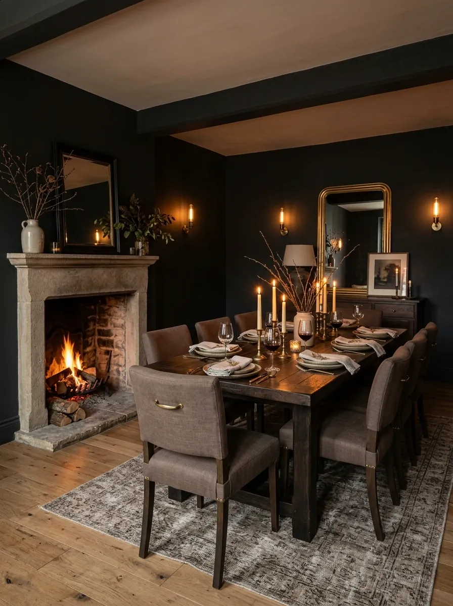 Fireside Dining Room With Dark Walls and Candlelit Layers