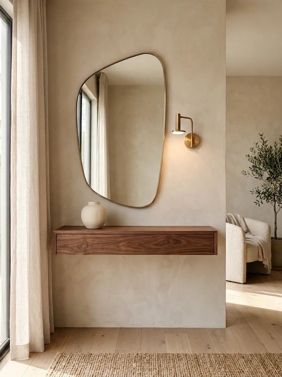Floating Console With Large Mirror and Sculptural Lighting