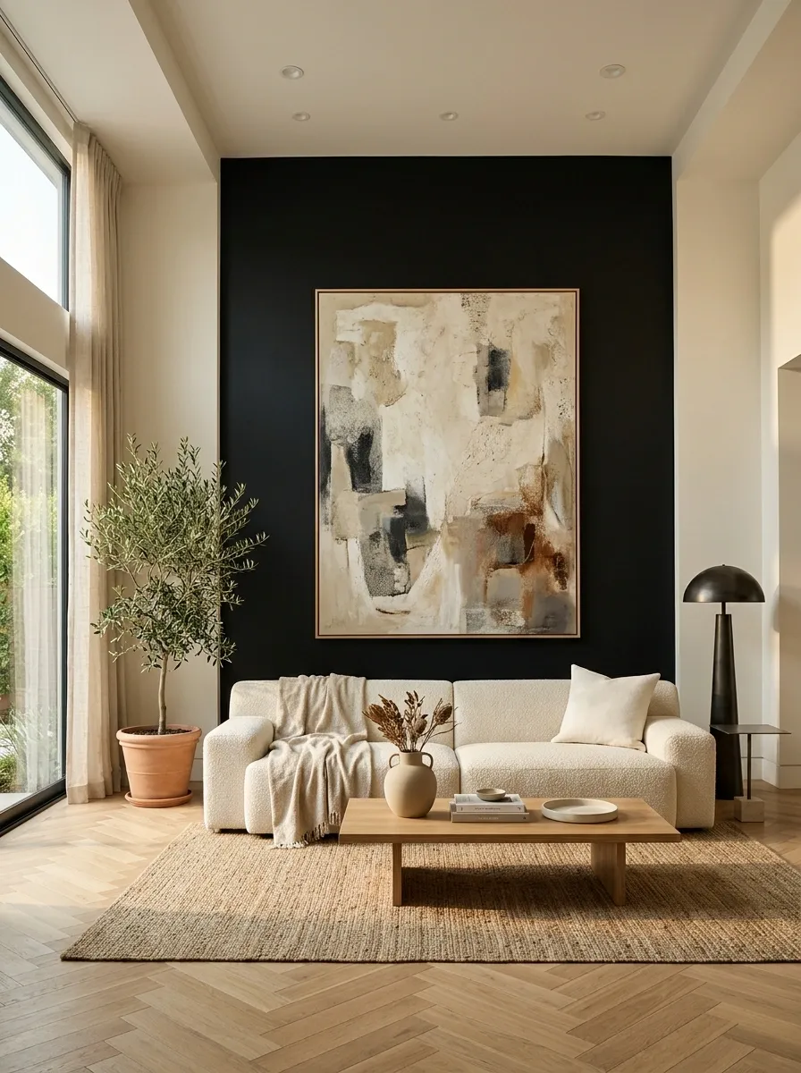 Floor-to-Ceiling Black Wall With Dramatic Oversized Artwork