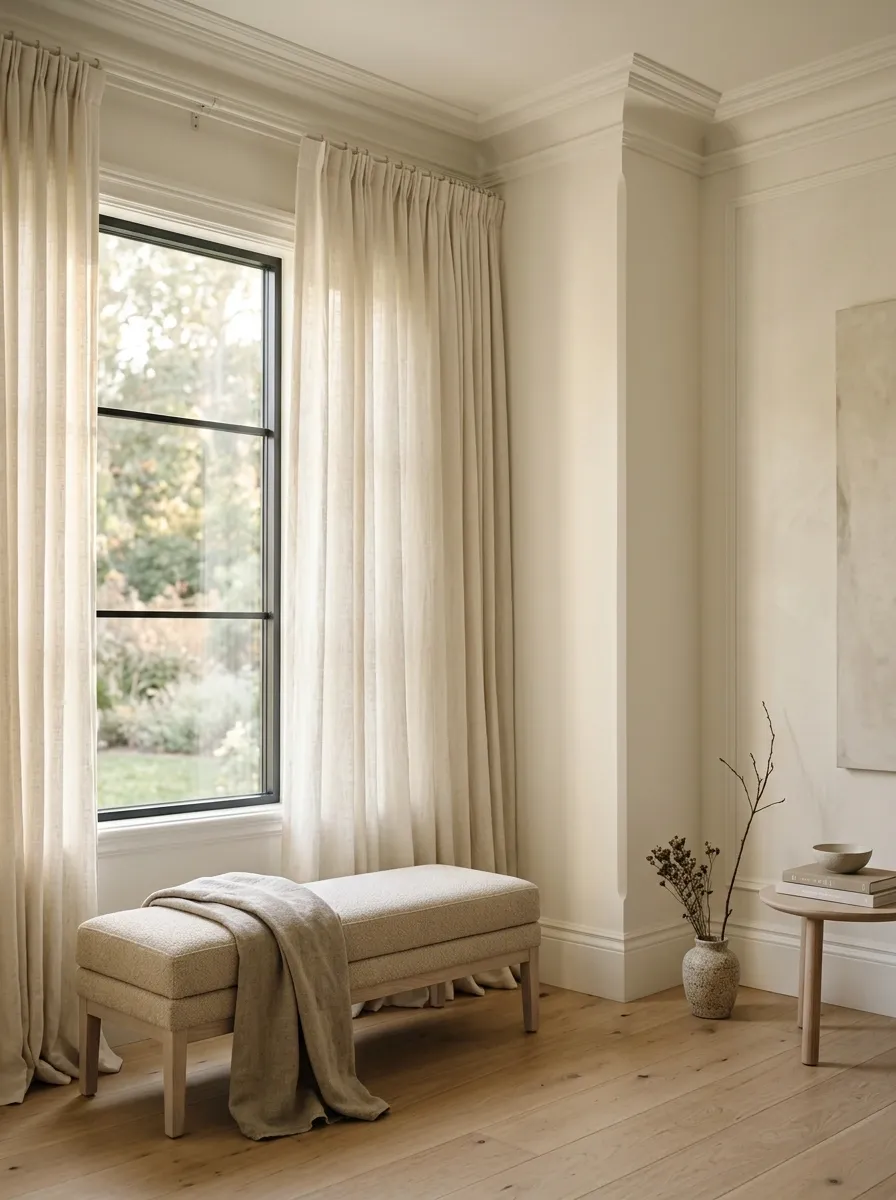 Floor-to-Ceiling Curtains With a Small Bench Beneath