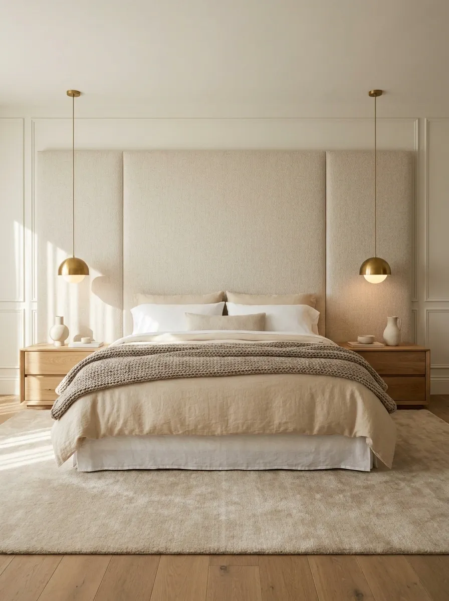 Floor-to-Ceiling Upholstered Headboard With Layered Neutral Bedding