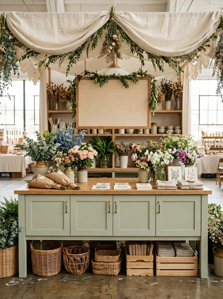 Flower-Market-Inspired Booth With Soft Green and Natural Wood