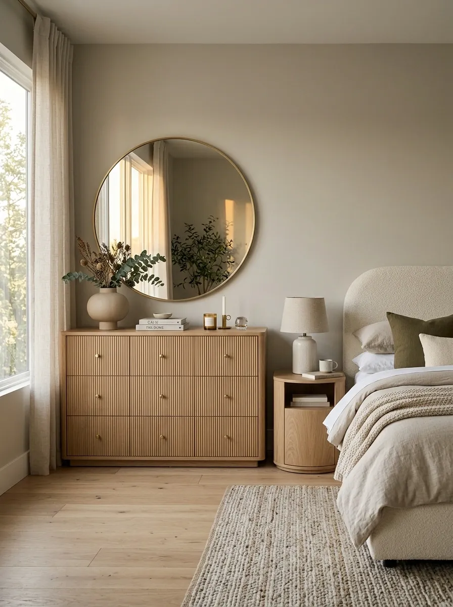 Fluted Oak Dresser With an Oversized Round Mirror