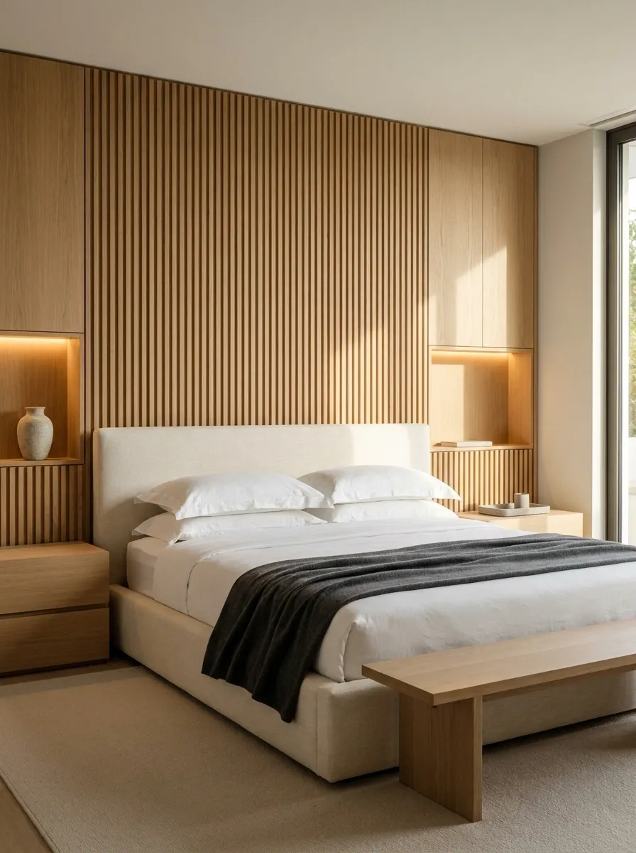 Fluted Wood Wall With Integrated Bedside Niches