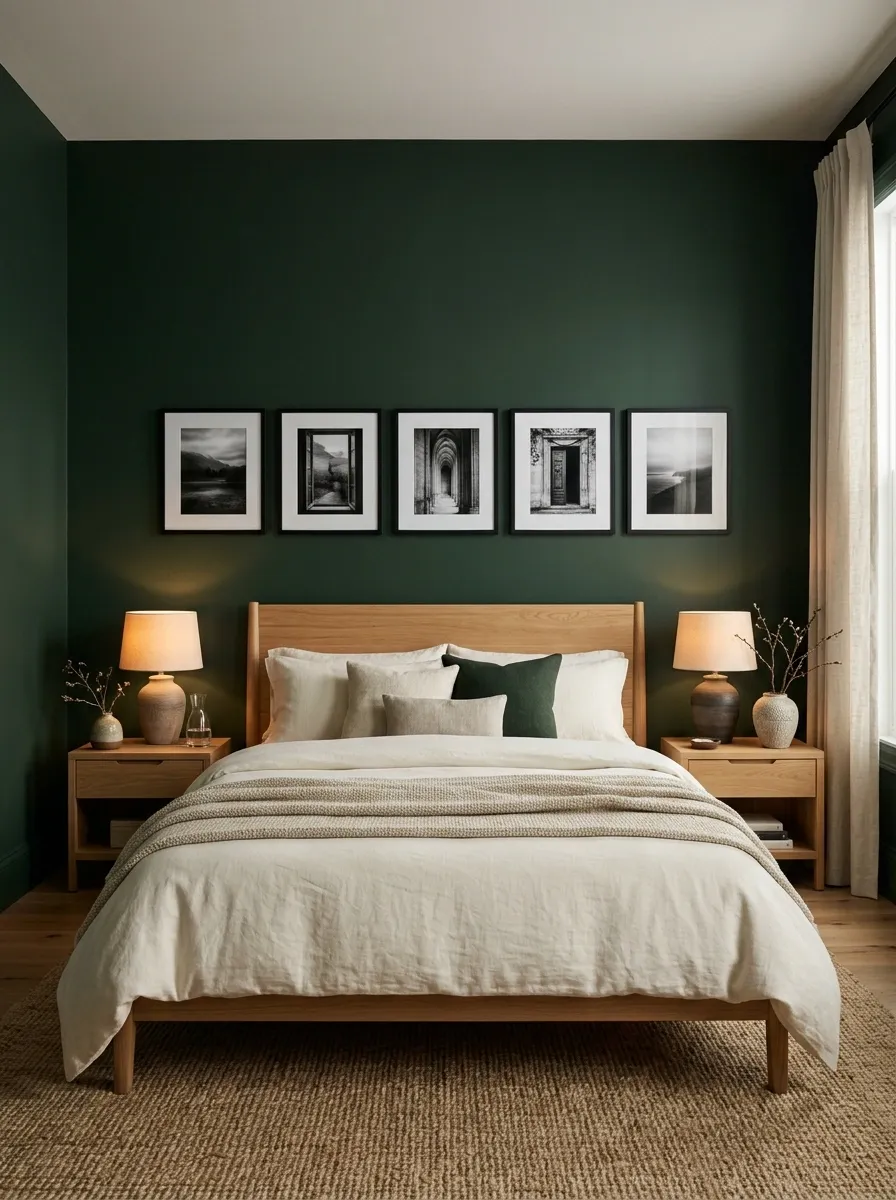 Forest Green Bedroom With Black-and-White Photography