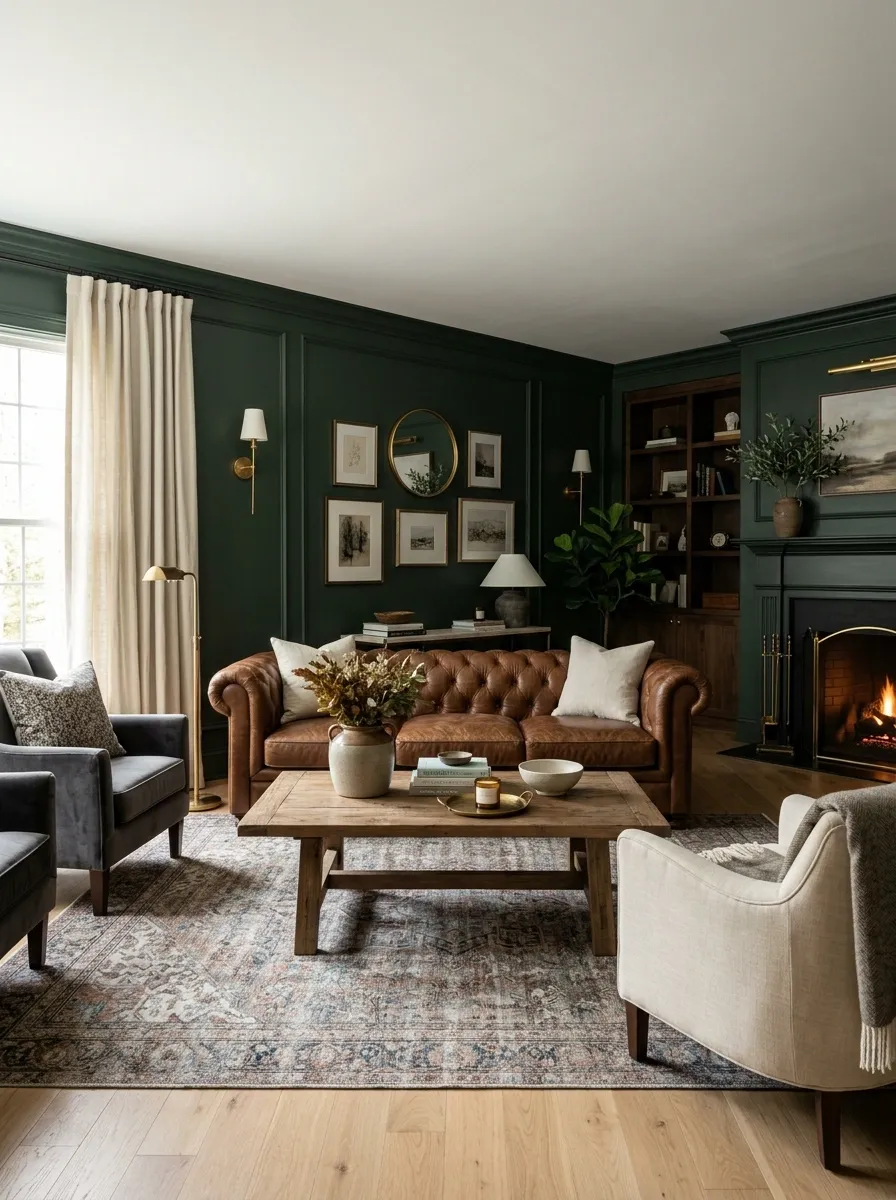 Forest Green Living Room With a Tobacco Brown Sofa