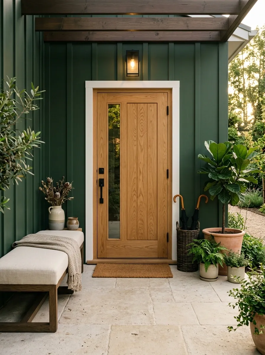 Forest Green Porch With Warm Oak and Limestone