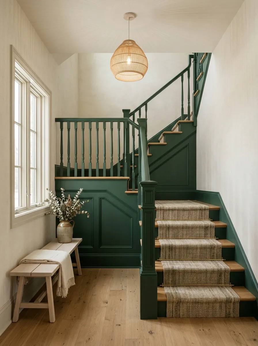 Forest Green Staircase With Light Oak and Linen Walls