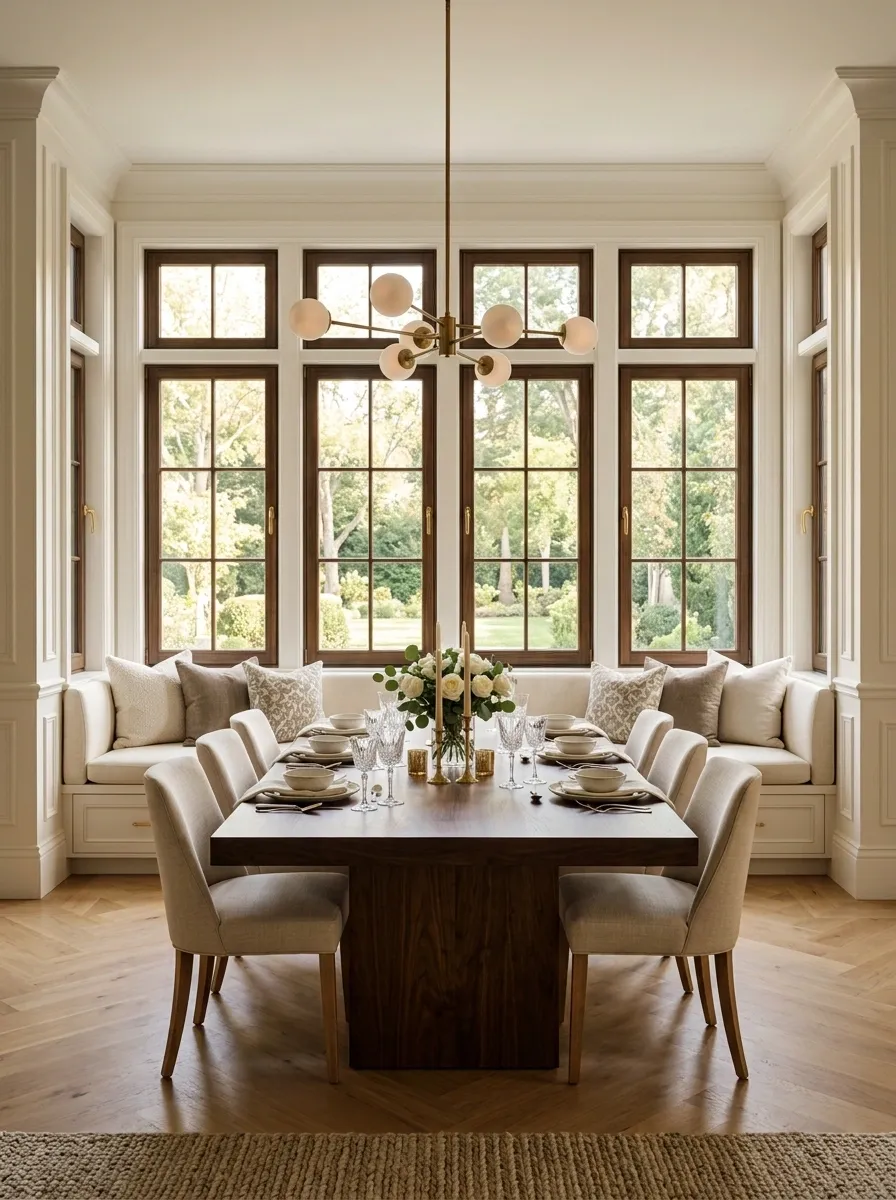 Formal Dining Room With a Full-Length Upholstered Window Banquette