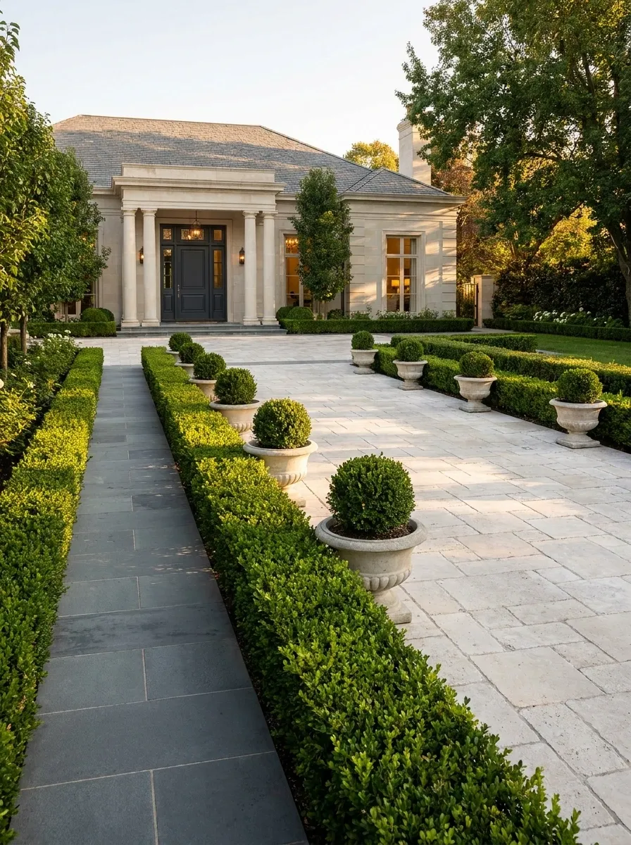 Formal Hedge and Stone Entrance Composition