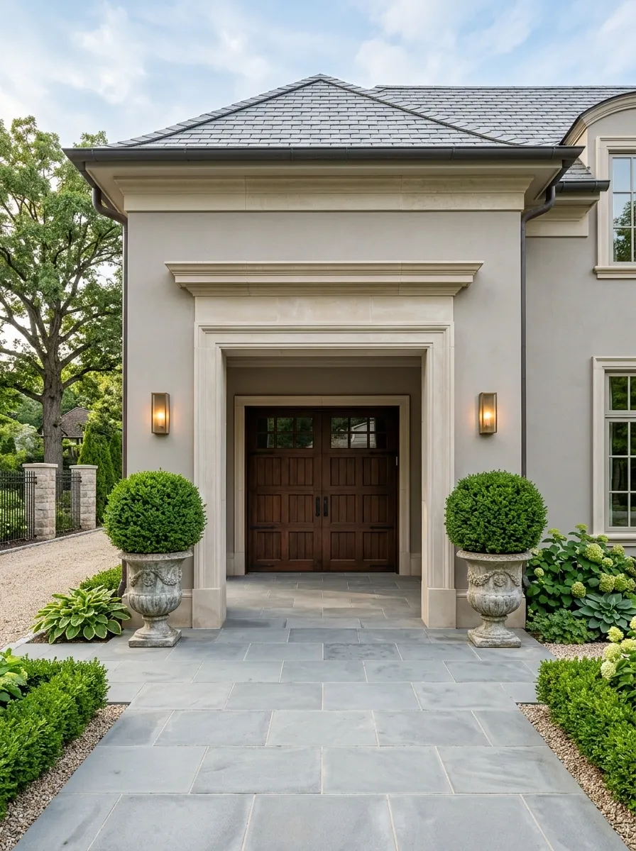 Formal Topiary Planters With a Deeply Framed Garage Entrance
