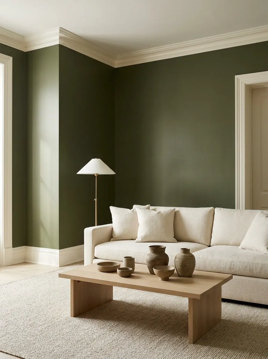 Frame Olive Walls With Crisp White Trim for Cleaner Contrast