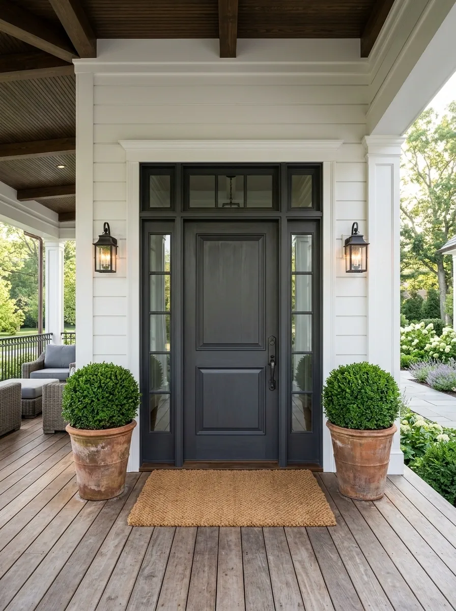 Frame the entry with matching planters and layered welcome details