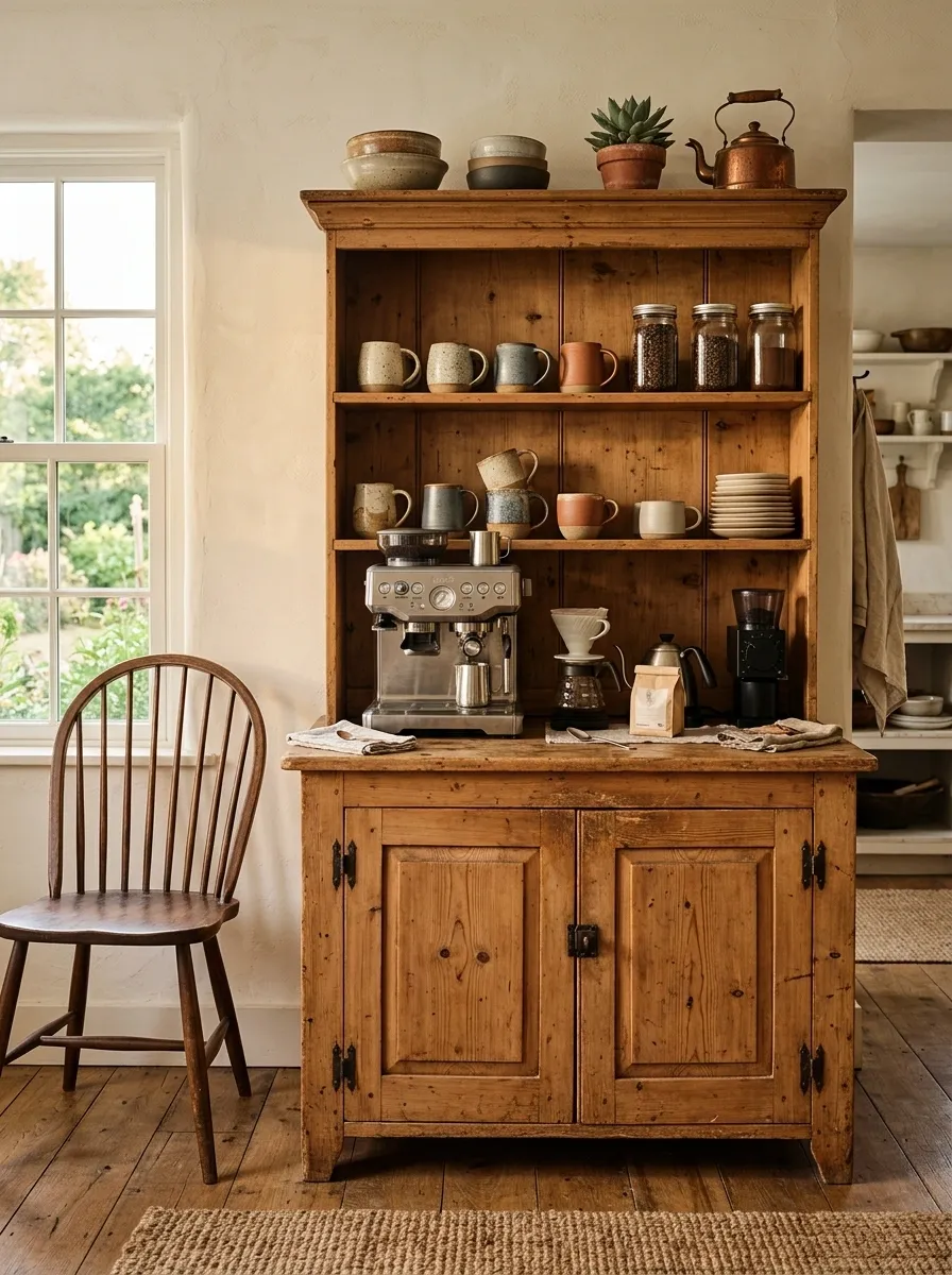 Freestanding Pine Hutch Turned Into a Coffee Station