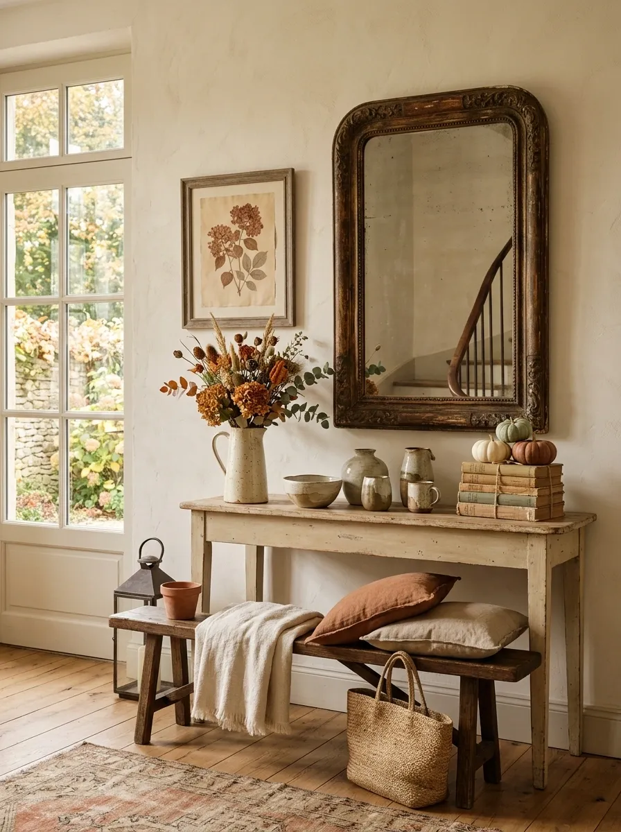 French Country Entry With Linen, Ceramics, and Soft Rust