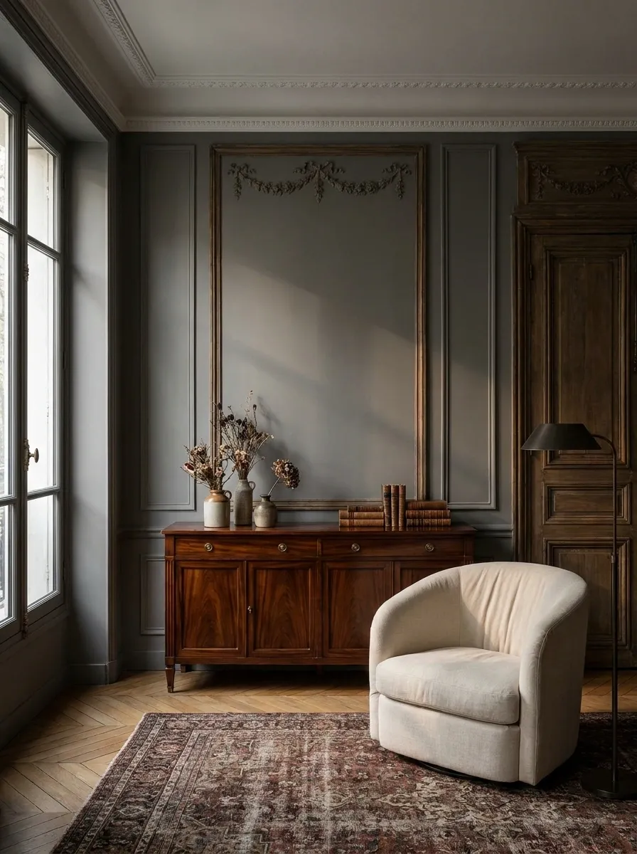 French-Inspired Apartment With Smoky Gray Walls and Rosewood