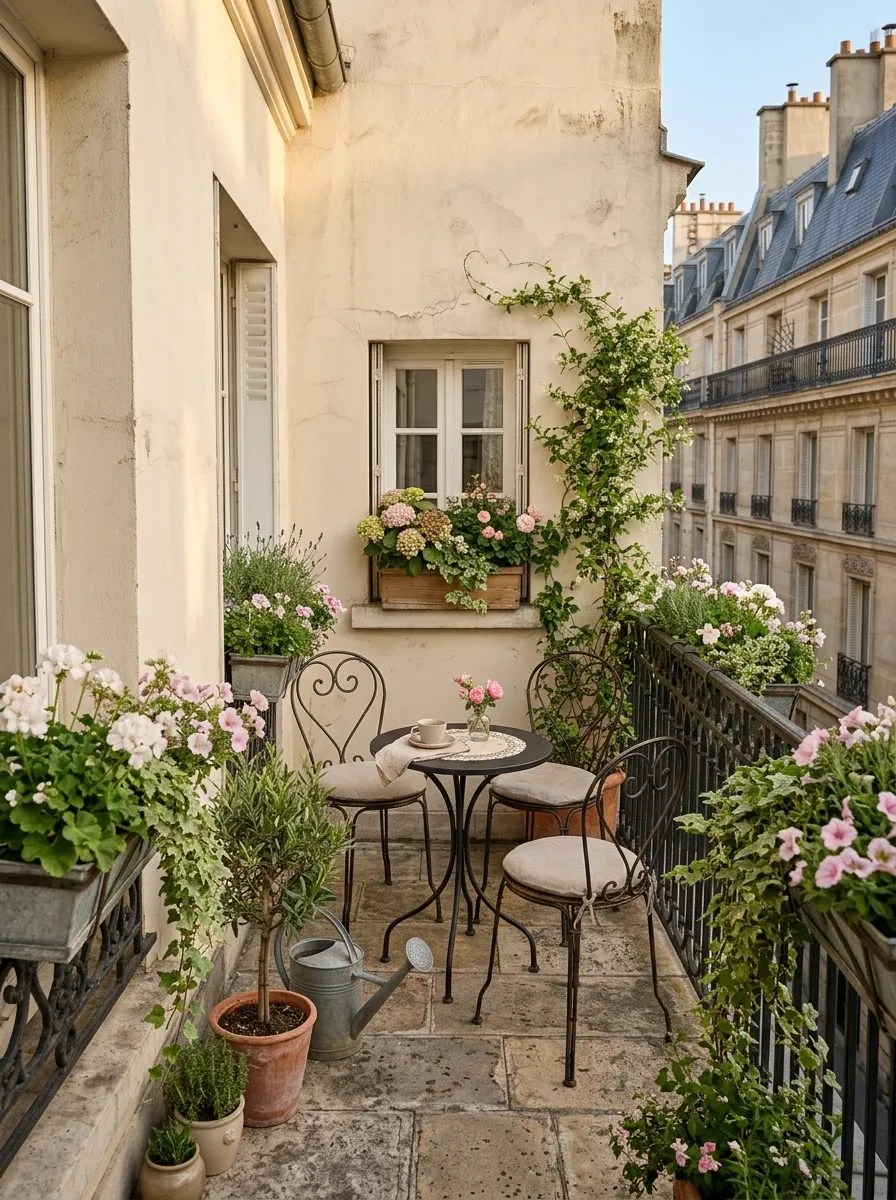 French-Inspired Balcony With Iron Furniture and Window Boxes