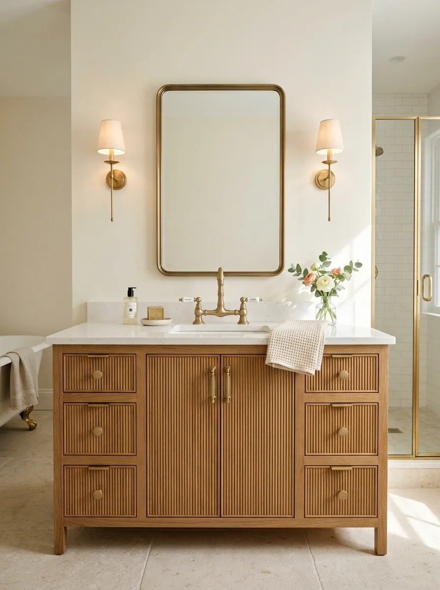 French-Inspired Bathroom With Fluted Vanity and Soft Cream Walls