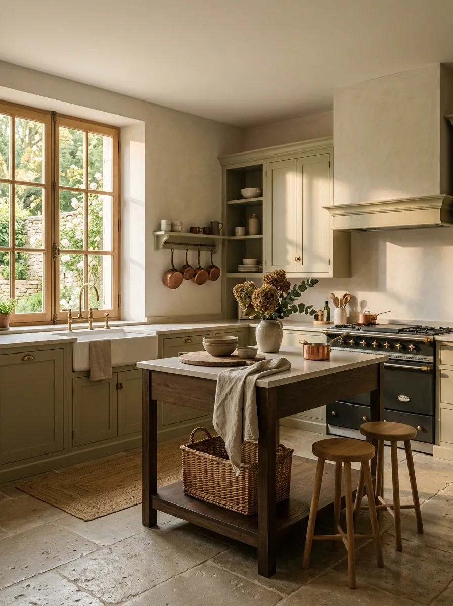 French-Inspired Green Kitchen With Aged Limestone and Antique Brass