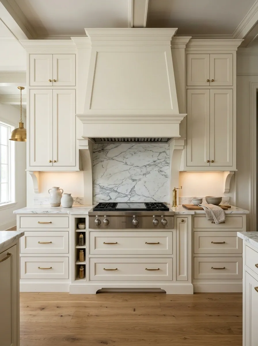 French-Inspired Kitchen With Cream Hood and Marble Inset
