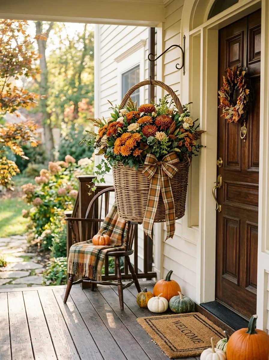 Front Porch Basket With Plaid Ribbon Detail