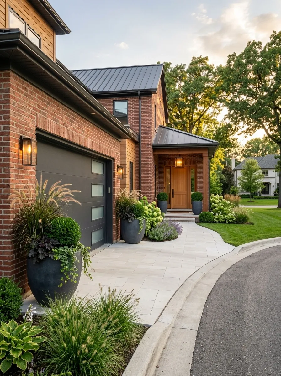 Full Curb-Appeal Composition With Garage, Walkway, Planters, and Entry Landscaping