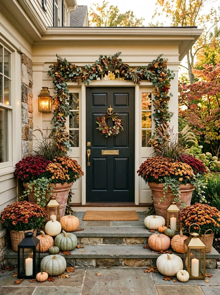 Full Fall Entry With Mums, Pumpkins, Lanterns, and Garlands