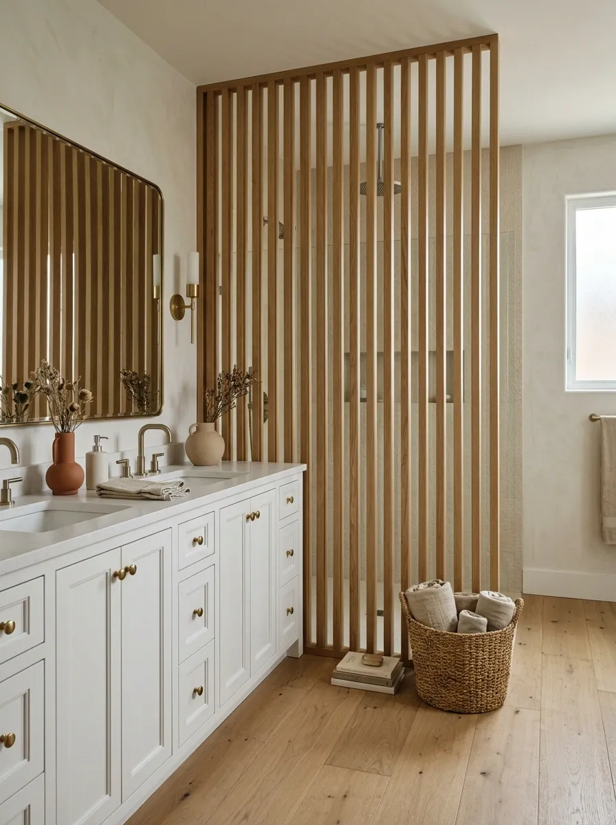 Full-Height Slatted Wood Screen Beside the Vanity