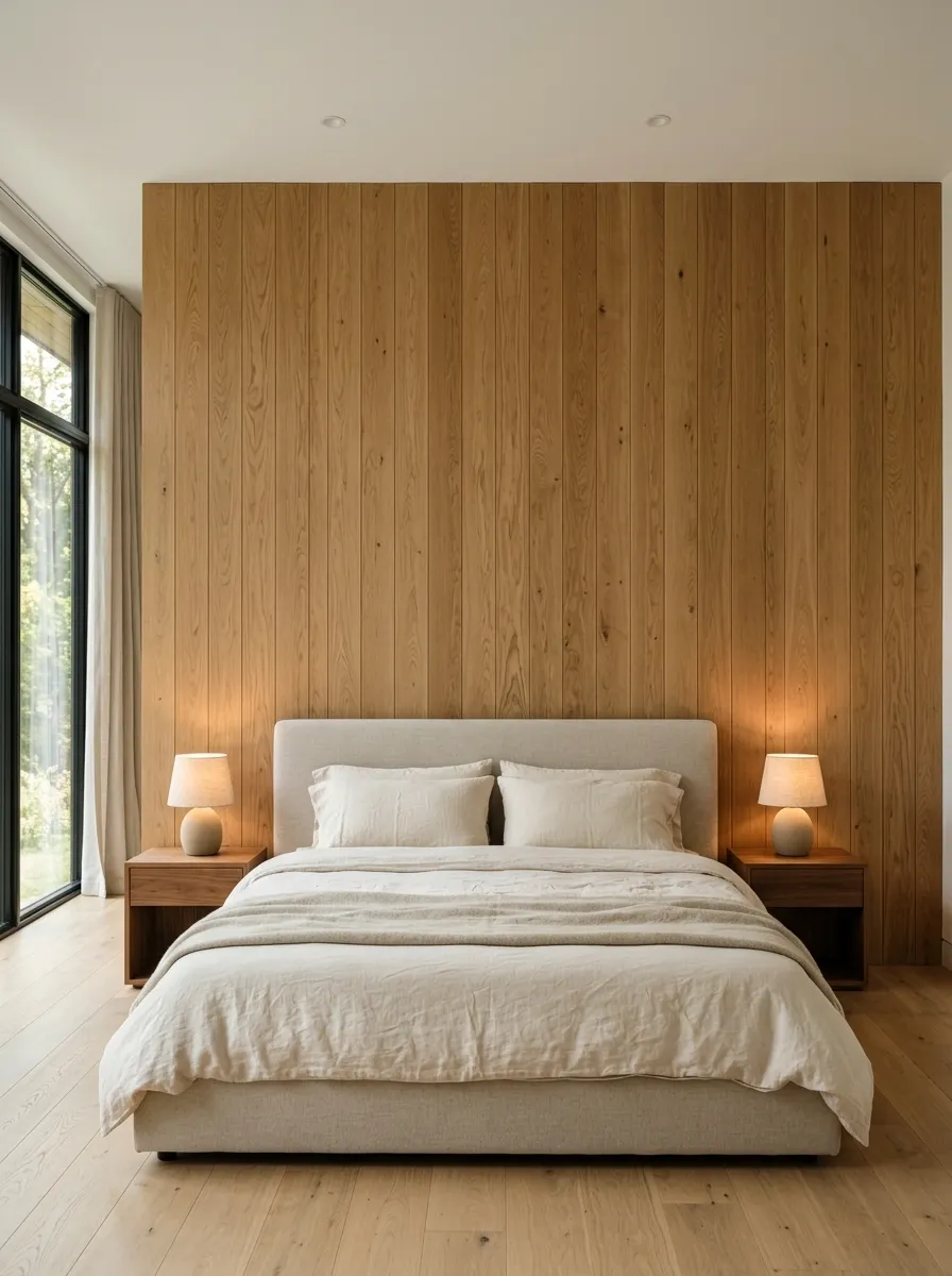 Full-Height Warm Oak Wall With a Low Upholstered Bed