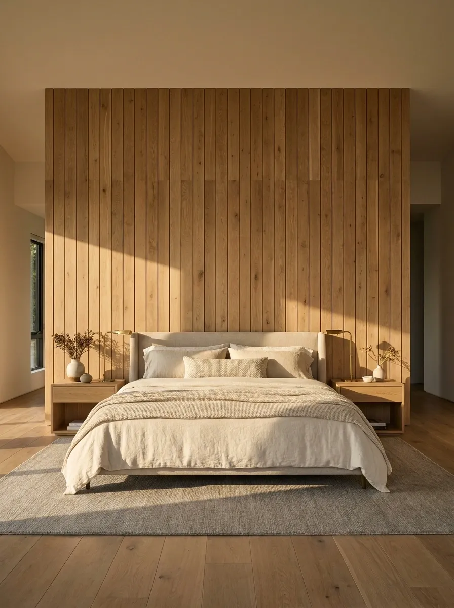 Full-Length Wood Slat Wall Behind the Bed