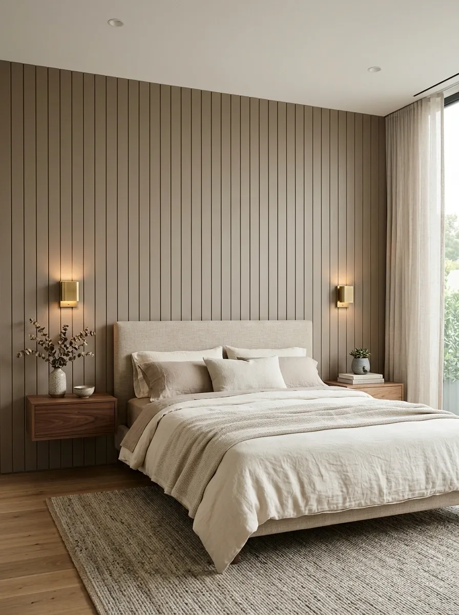 Full-Wall Taupe Panels With Floating Walnut Nightstands