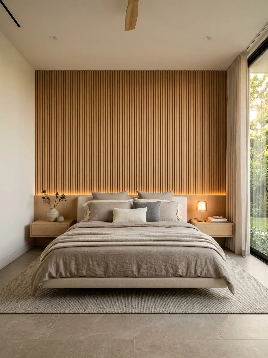 Full-Width Fluted Wood Wall With a Floating Bed
